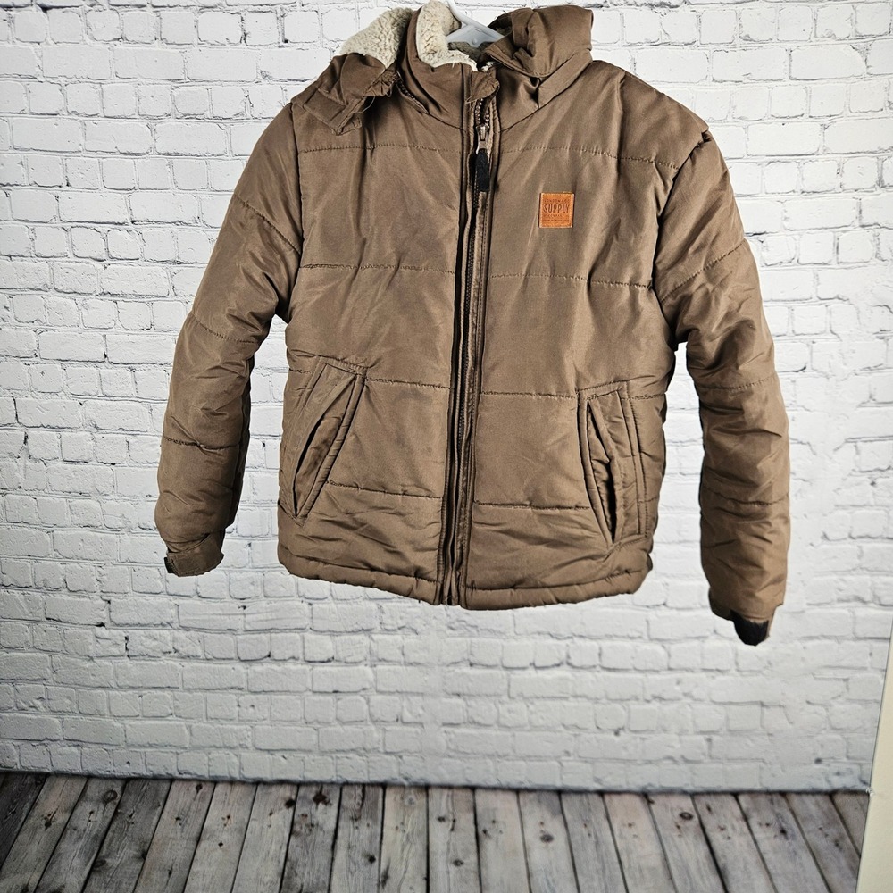 London Fog Supply Boys Brown Puffer Jacket Sherpa Lined Hooded Coat Size S/8